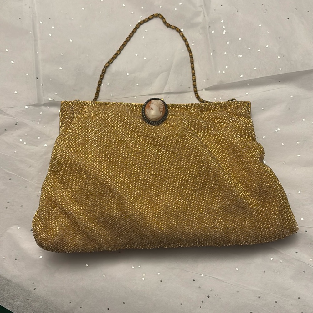 Vintage Gold Seed Bead Evening Bag with Cameo Closure